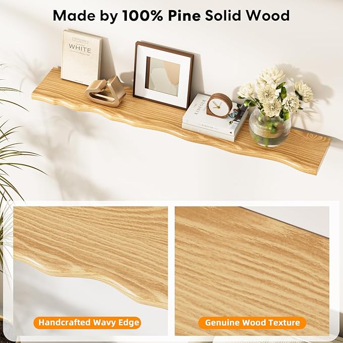 Solid Wood Live Edge Floating Shelves Set of 1 – 48" Rustic Wall Shelf with Hidden Bracket System, Wall Mounted Shelves for Bathroom, Kitchen, Living Room, Bedroom (Walnut)