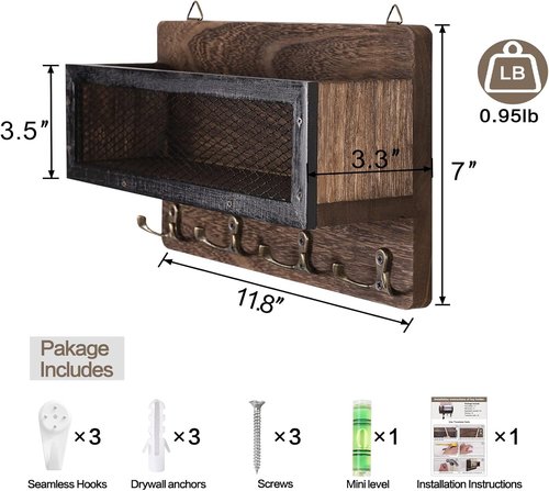 ADIIL Wooden Wall Mount Key Holder - Rustic Key Rack Organizer with 4 Double Hooks | Brown Entryway Decor
