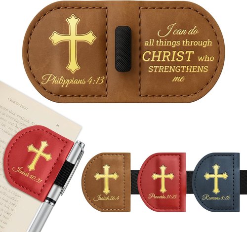 Bygone Mark | Personalized Magnetic Leather Bookmark with Pen Holder - Inspirational Bible Verse (Brown, Philippians 4:13)