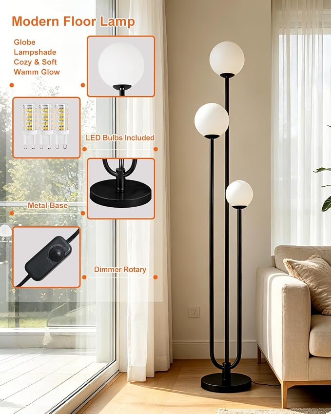 63IN 3-Light Dimmable Floor Lamp, Unique Black Tall Standing Lamps with 3000K Bulbs for Reading, Mid Century Modern Floor Lamp with 5Lbs Heavy Base for Living Room Bedroom Office