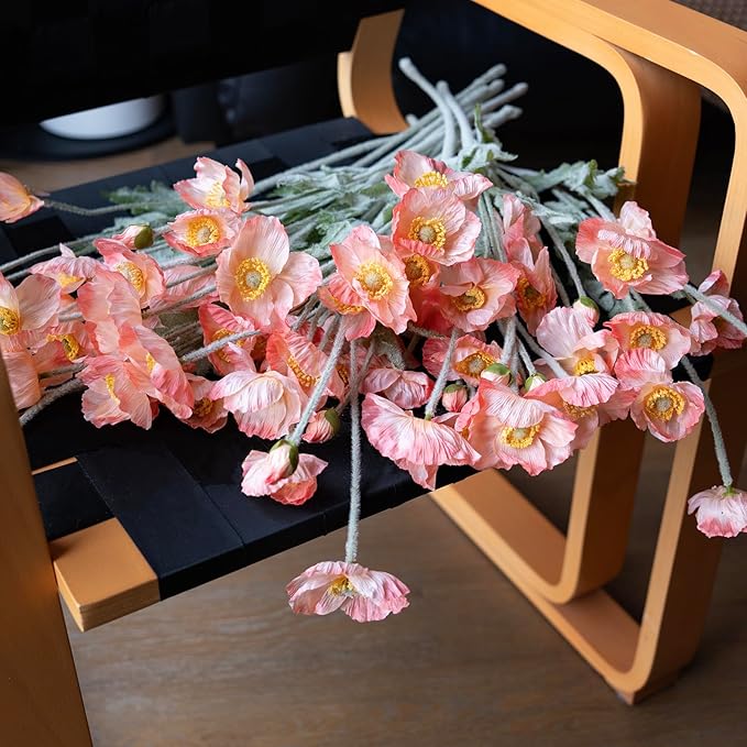 Artificial Flowers 6 Stems Poppy Silk Bouquet,for Wedding, Home, Party Decoration,Table Centerpiece Arrangement(Orange Pink 6pcs)