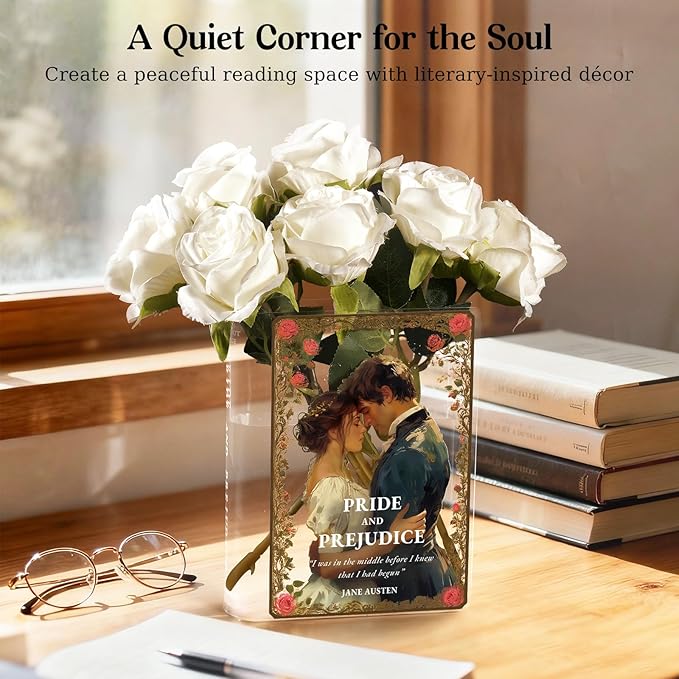 Pride and Prejudice Inspired Book Vase, Flower Vase for Home Decor, Birthday Gifts for Women Mom Book Lovers, Bookish Decor for Bookshelf Desk Coffee Table Office Living Room