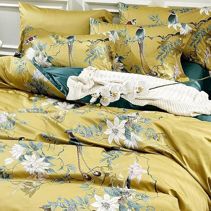 Garden Style Bird Duvet Cover Twin XL Vintage Boho Floral Duvet Cover Cotton Flowers Comforter Cover on Gold Yellow Bedding Set Farmhouse Floral Bedding Comforter Cover with 2 Pillowcases Twin XL Size