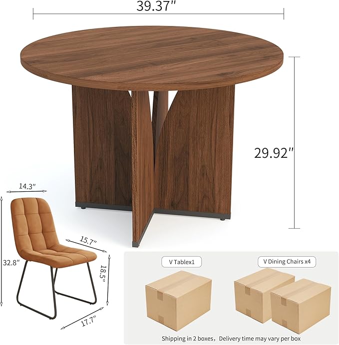 HIPIHOM Modern Round Dining Table Set for 4, 39.4" Walnut Kitchen Table with 4 PU Leather Chairs, 5-Piece Mid-Century Dining Room Set for Small Spaces, Pedestal Base