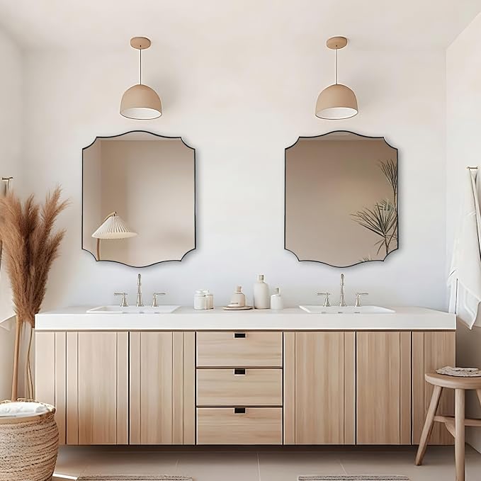 ANDY STAR 28x36 Inch Brushed Nickel Mirror, Scalloped Bathroom Mirror for Wall, Silver Vanity Mirror with Rust-Proof Stainless Steel Frame, Sophisticated Curved Design Ideal for Home Remodel
