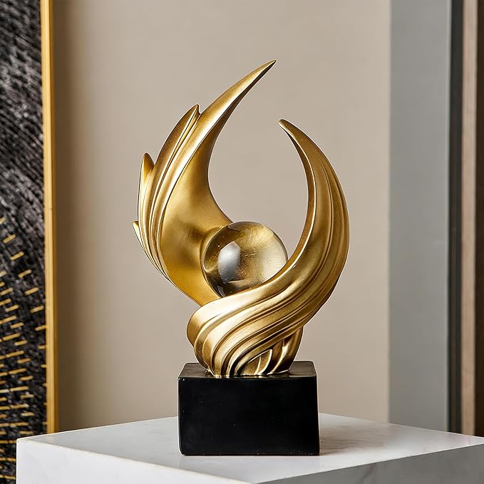 Modern Art Statue Decor, Abstract Swirl-Shaped Sculpture with Glass Ball Resin Art Figurines Centerpiece Sculptures for Home Decor Living Room Stand Coffee Table Office Bookshelf Decoration (gold)