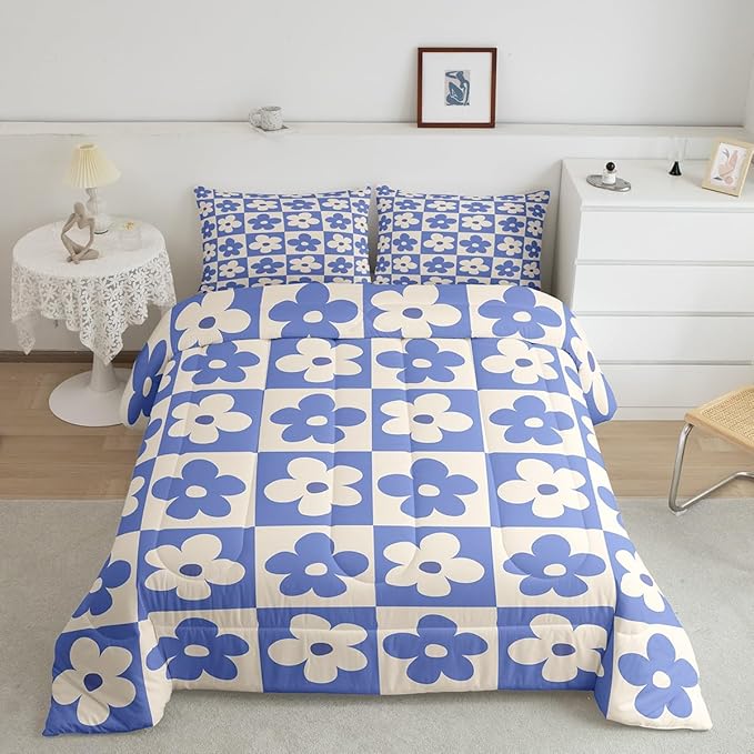 Castle Fairy Kids Cute Flowers Plaid Twin Size Comforter Set,Blue and Cream Floral Checked Duvet Set for Kids Boys Bedroom,Fashion Geometric Style Soft Microfiber Bedding Comforters,2 Pcs