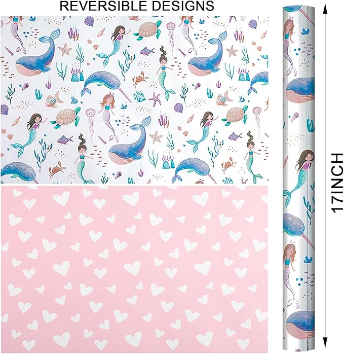 Homeral Mermaid Wrapping Paper Roll, Reversible Gift Wrap with Metallic Foil Whale, Turtle, Shell, Ocean Themed with Pink Heart for Girl Birthday, Baby Shower - Mini Roll - 17 Inch x 16.5 Feet