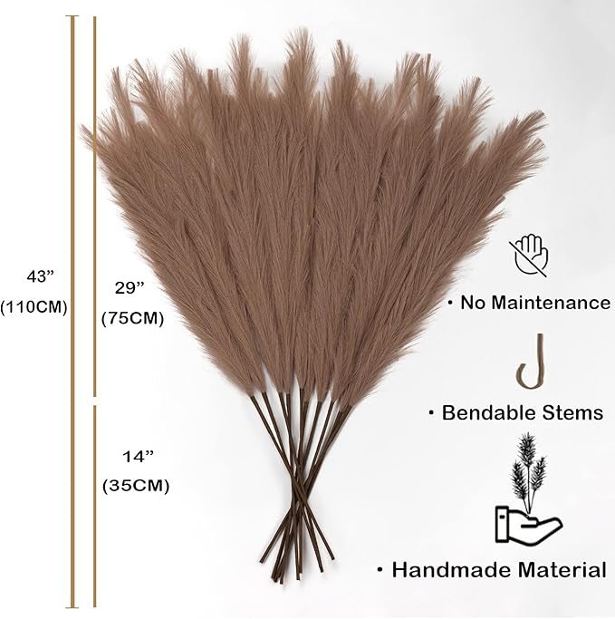 Pampas Grass Decor Tall, 43"/110cm Faux Pampas Grass 6 Stems Large Pompass Grass Branches Tall Bulk Boho Flower Arrangement for Home Room Wedding Party Decor (Taupe)