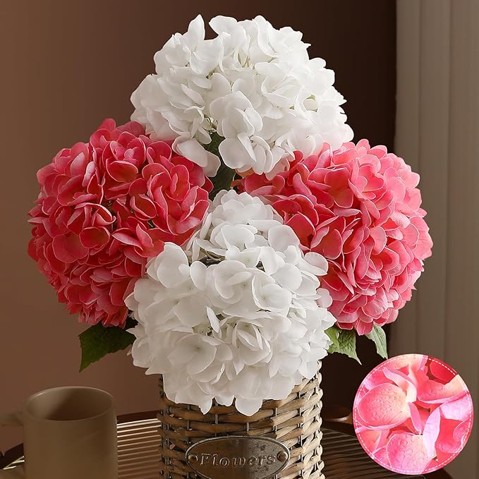 4Pcs Hydrangea Artificial Flowers, 22.44" Real Touch Latex Faux Hydrangea with Long Stems & Leaves for Home Office Decor or Wedding, Party, Centerpieces, Floral Arrangements (White&Pink)