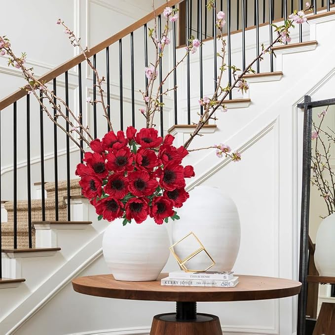Hollyone 10 Heads Red Poppy Flowers Artificial 2Pcs Fake Poppies Flowers Bouquets with 7 Heads Full Bloom Poppy & 3 Buds Bouquet Stems Faux Floral Flower Arrangement for Party Table Home Decoration