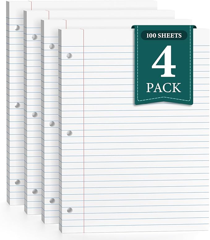 400 Sheets 8.5 x 11 Wide Ruled Paper, Loose Leaf Paper, 3 Hole Punch Paper 8.5 x 11 White Loose Leaf Notebook Paper for 3 Ring Binders, Lined Paper Wide Ruled, Writing Paper (4 Pack)
