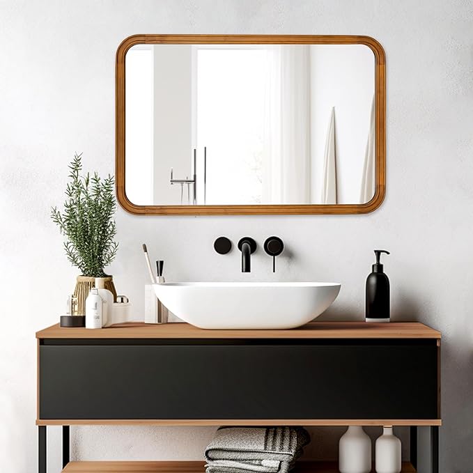 WallBeyond Wood Mirrors for Bathroom, 30x40 Inch Wooden Frame Wall Mirror Farmhouse Wall Mounted Rectangle Mirror for Vanity (Horizontal/Vertical)