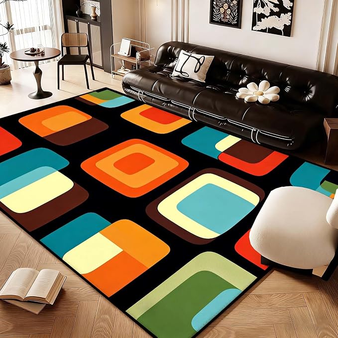 Mid Century Modern Rug, Colorful Abstract Geometric Area Rug, Retro Atomic Starburst Rugs, Washable Non-Slip Soft Low Pile 1950s Carpet for Living Room, Bedroom (10' x 16'(Rectangular))