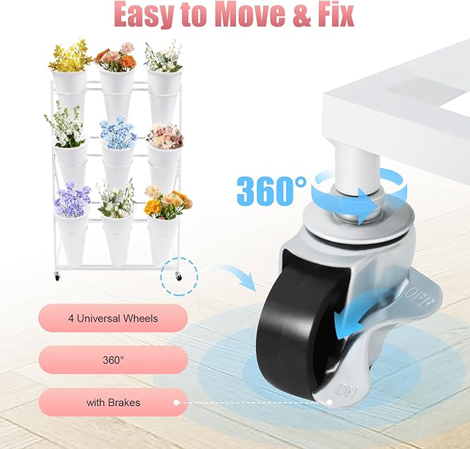 3 Tier Metal Plant Stand with 9 Buckets, Wheels, Heavy Duty Flower Cart for Indoor/Outdoor, Garden, Florist