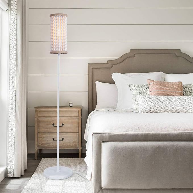 VILUXY Bohemia Boho Floor Lamp with White Wood Beaded Shade for Bedroom, Living Room, Girl Room