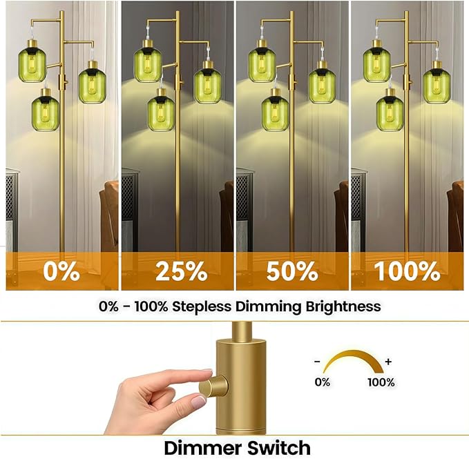 Glass Floor Lamps for Living Room, Modern Standing Lamps with Green Shade, Dimmable Green Tall Floor Lamp, Mid Century Gold 3 Lights Tall Tree Lamp with 3 LED Bulbs