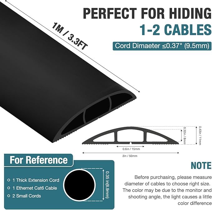 Floor Cord Cover, Cable Protector, 0.63W x 0.31H inches, Wire Cover for Extension Cords, Floor Cable Covers Prevent Cable Trips (Black, 50-3 Feet)