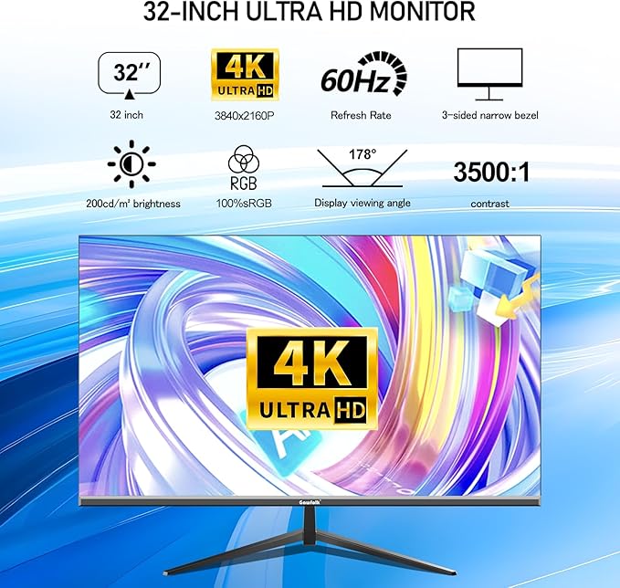 Gawfolk 32 Inch 4K UHD Computer Monitor, Ultra-Clear (3840×2160p) Screen, 100% sRGB,178° Viewing Angle, Display Port、HDMI, Compatible with Wall mounting 100 * 100MM - Black