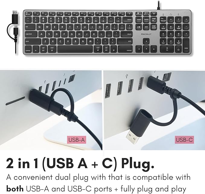 Macally Wired Keyboard for Mac with USB Hub (2X USB-A / 1x USB-C) - Compatible Backlit Apple Keyboard with Dual Interface - Auto OS Detection for Mac, MacBook Pro/Air, iMac, PC, Android, iPad, iOS