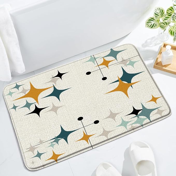 Mid Century Bath Mat Retro Atomic Stars 1950s 1960s Vintage Geometric Pattern Abstract Iconic Modern Orange 23.6x35.4 Inches Polyester Fabric Bathroom Rugs