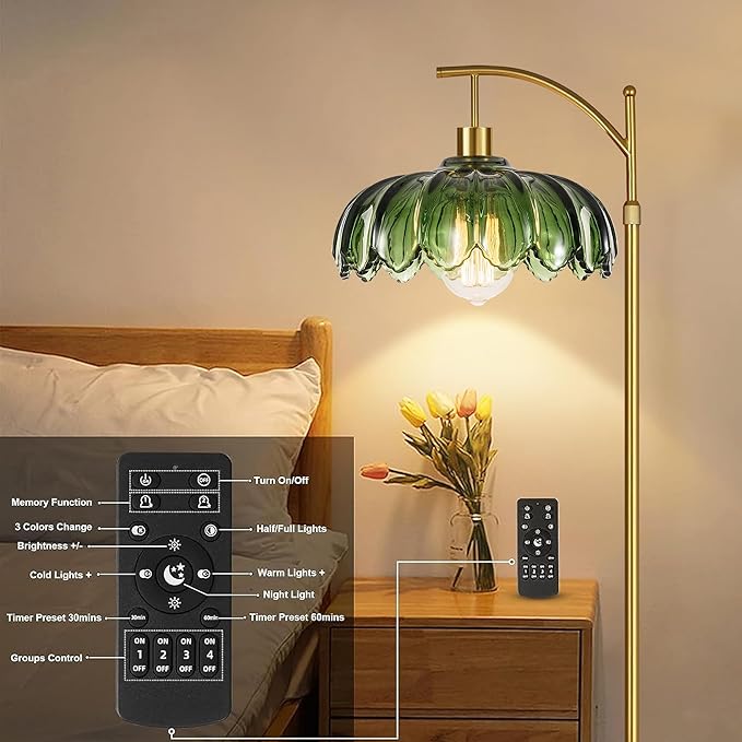 ZECOXOL Gold Floor Lamps for Living Room Vintage Green Floor Lamp with Remote Control & Glass Lampshape,Dimmable Mid Century Modern Standing Lamp Tall Flower Lamp Brass Floor lamp for Bedroom Corner