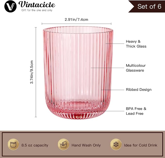 Pink Ribbed Drinking Glasses Set of 6,8.5oz Vintage Highball Tumblers,Colored Glassware for Juice,Milk,Coffee & Cocktails,Gift for Party,Housewarming,Mother's Day