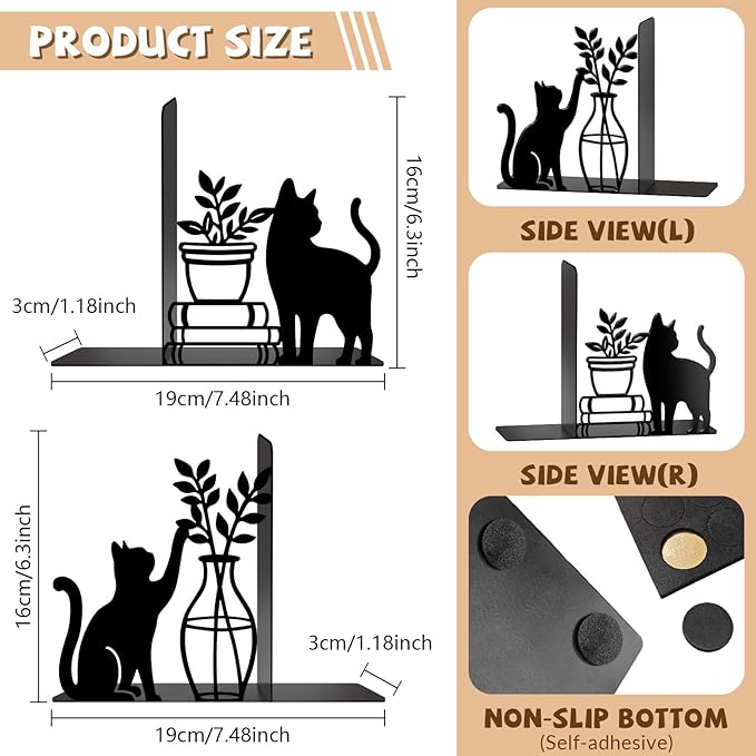 Cat Metal Bookends Cute Cat Book Ends for Shelves Bookshelf Home Office Desk Decorative Bookshelf Decor Gift for Cat Lovers and Reading Enthusiasts