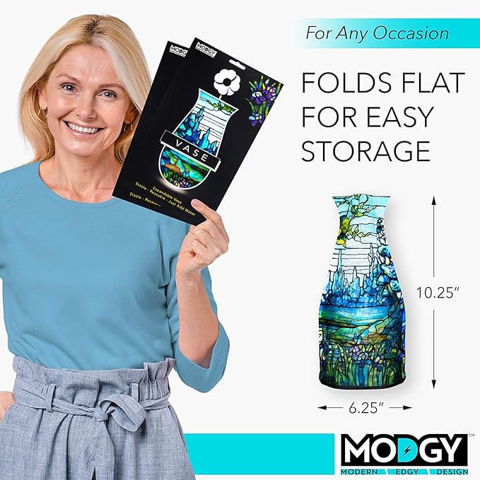 MODGY Expandable Flower Vase, Plastic Decorative Modern Foldable Printed Vases for Centerpieces for Wedding, Dining Table, Home Decor, Living Room, Bathroom, Iris Landscape, Louis C. Tiffany, 2 Pack