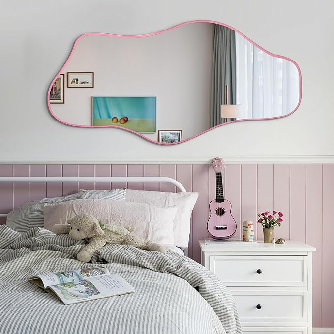Irregular Tempered Glass Mirror, 47.2"x24" Pink Asymmetrical Aesthetic Wall Mirror, Modern Organic Shape Frameless Mirrors for Entryway Bedroom Living Room, Horizontal or Vertical Hanging