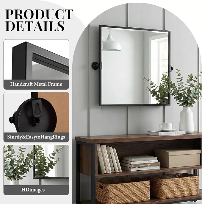 26"x26" Square Black Mirror,Pivot Mirror for Bathroom,Tilt Beveled Vanity Mirror,Metal Frame Piovting Mirror Hanging for Bedroom Entryway Living Room Farmhouse