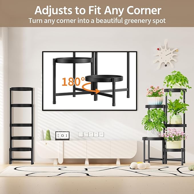 LASZOLA 5 Tiered Plant Stand Indoor Outdoor with Plastic Tray, Corner Folding Tall Flower Display Rack, Modern Plant Holder Shelf for Outdoor Patio Porch Garden Office Living Room, Black