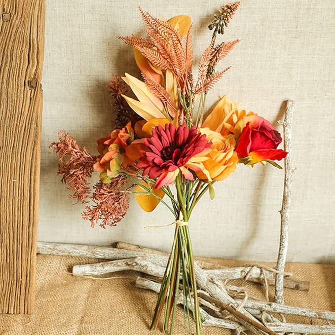 Artificial Flower Bouquet Sunflowers Roses, Fall Decor Bridal Bouquets Silk Flowers for Home, Party, Wedding, Porch, 2 Sets