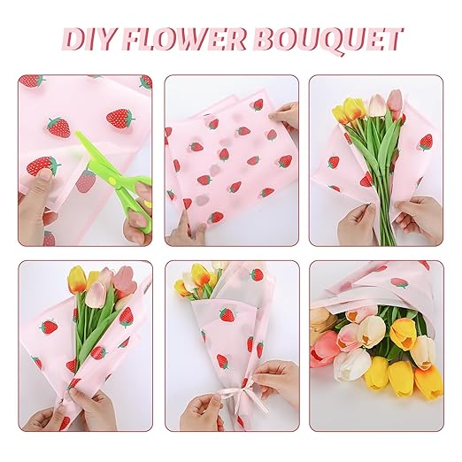 20 Sheets Flower Wrapping Paper, Matte Florist Strawberry Flower Bouquet Wrapping Paper With Ribbon Pink Paper Floral Wrap Papers for Bouquets Gifts Wrapping Papers for Birthday Girl Wedding Christmas