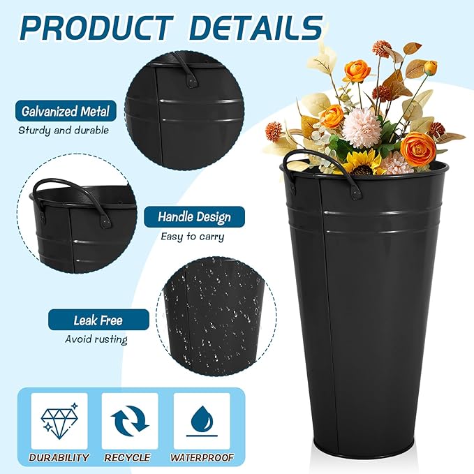 Flower Bucket for Flower Bar, 6 Pcs 10.2 Inch Metal Vases with Handles, Leak-Proof Black French Buckets for Wedding Centerpieces, Farmhouse Party & Rustic Home Decor