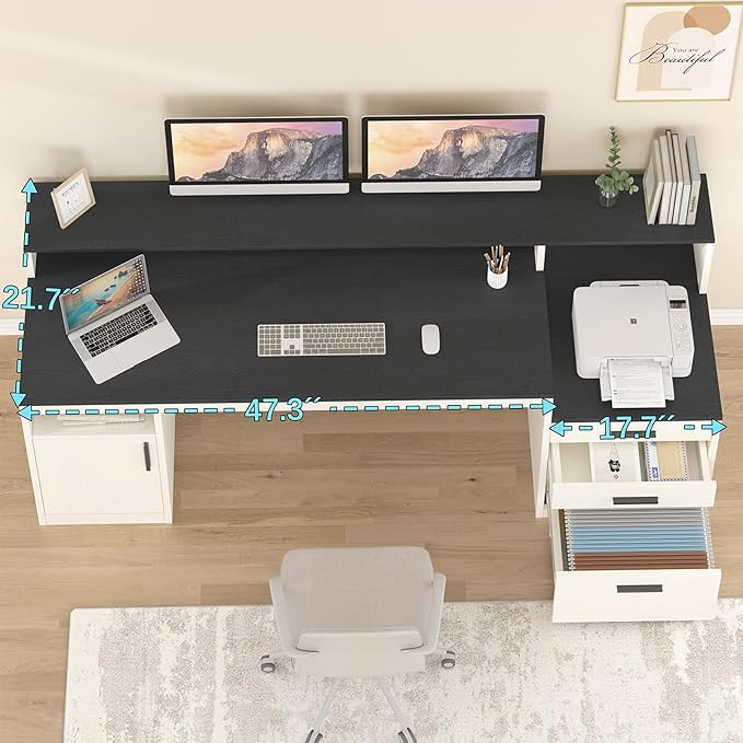 65 Inch Computer Desk with 3 Drawers & Storage Shelves, Executive Desk with File Drawer & Cabinet, Home Office Desk with Long Monitor Stand & Printer Shelf, Black & White