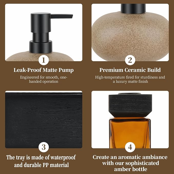 Bathroom Countertop Soap Dispensers Set, 300ml Ceramic Soap Dispenser with Amber Glass Bottle & Black Tray, Brown Ceramic Hand Soap Dispenser for Kitchen and Bathroom Counter