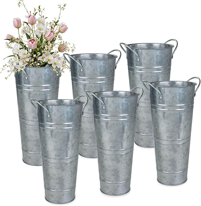 9 Inch Galvanized Metal Vases for Flowers - 6 Pcs Farmhouse Decorative Tall Flower Bucket with Handles, Rustic French Tin Planter Buckets for Wedding Decor (Silver)