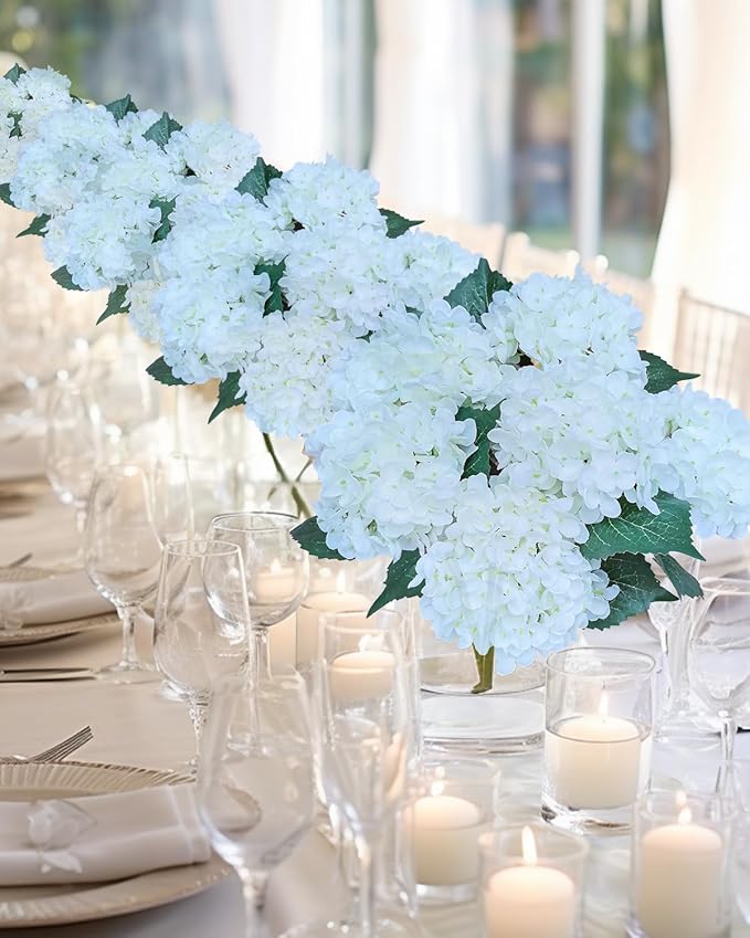 6PCS Premium White Hydrangea Artificial Flowers Bouquets, Ivory Silk Hydrangea Flowers Heads with Stems, Fake Hydrangeas Flowers Arrangement, Faux Hydrangea Decor for Home Wedding Party Baby Shower