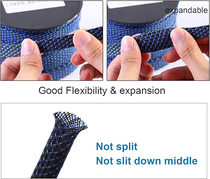 100ft - 3/4 inch PET Expandable Braided Sleeving – BlackBlue – Alex Tech Braided Cable Sleeve