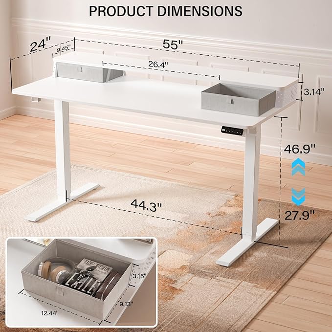 Electric Standing Desk with 2 Drawers 55''x 24'' Adjustable Height Sit to Stand Up Desk with Storage Shelf, C-Clamp Mount Compatible White Home Office Desks Computer Gaming Table Ergonomic Workstation