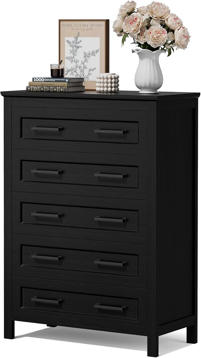 JUMMICO Black Dresser Tall for Bedroom,Wooden 5 Drawer Dresser for Nursery,Chest of Drawers for Bedroom, Closet Storage Organizer for Living Room, Hallway, Closet