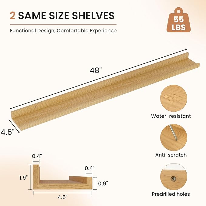 Dreamland Picture Ledge Shelf for Wall, Floating Shelves Set of 2, 48 Inch Long Floating Shelves with Lip for Living Room, Bedroom, Bathroom, Kitchen, Oak
