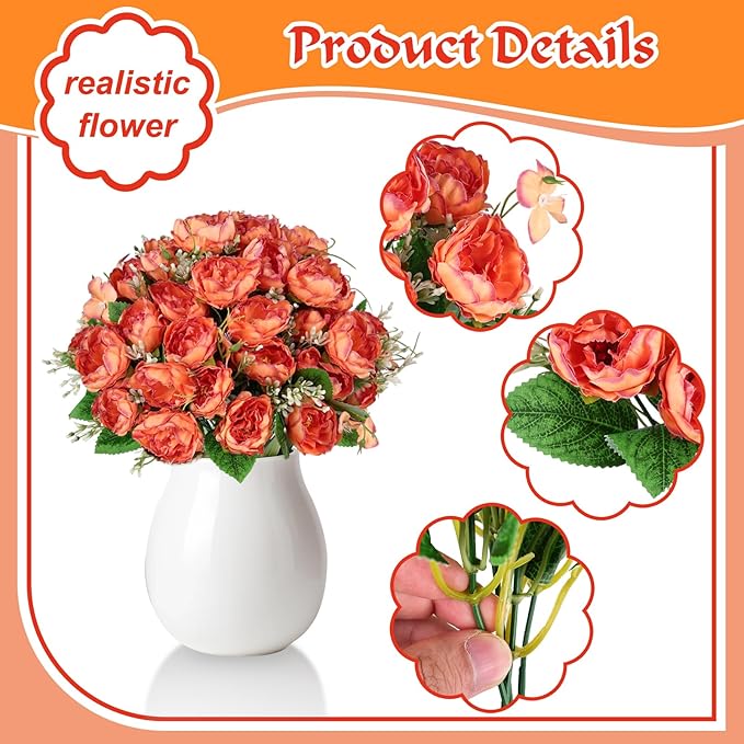 12 Bundles Peonies Artificial Flowers Fake Peony Bouquet Faux Peonies Flowers Bulk with Stems Flower Balls for Centerpiece Table Decorations Wedding Bridal Floral Arrangement (Orange)