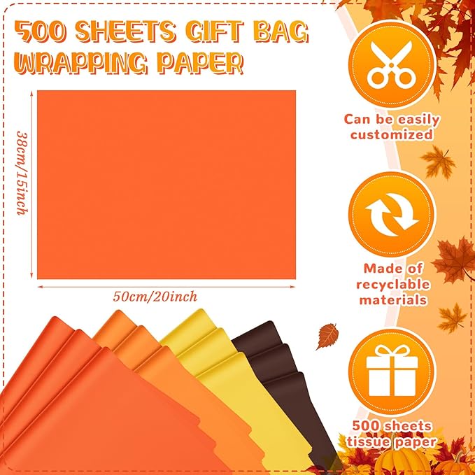 Qilery 500 Sheets Thanksgiving Orange Brown Tissue Paper Bulk Fall Yellow Colored Wrapping Tissue Sheets for Gift Bags 15 x 20 Inch Acid Free Decoupage Paper for Friendsgiving Harvest DIY Craft