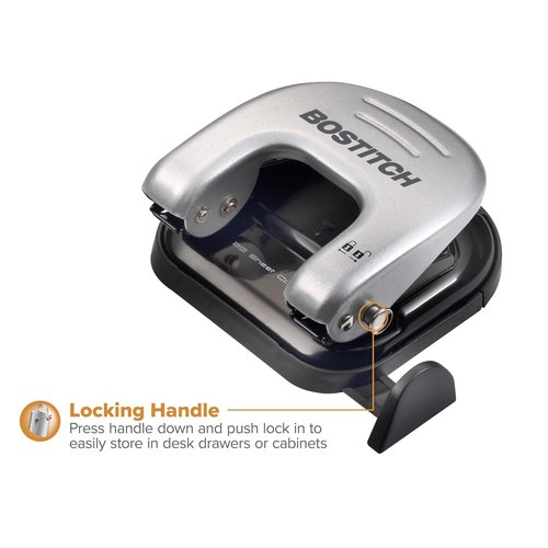 Bostitch Office 2-Hole Punch - Reduced Effort Design, Locking Handle, Silver Finish, 2 Sheets Capacity