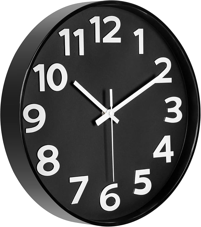 45MinST 12 Inch 3D Number Dial Face Modern Indoor Outdoor Clock, Silent Non-Ticking Round Home Decor Wall Clock with Arabic Numerals (Black)