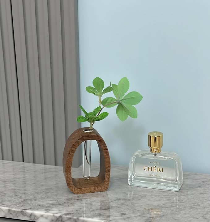 Handcrafted Solid Wood Glass Tube Vase|Hydroponic Planter for Fresh Cut or Dried Flowers&Plant Propagation|Modern Home Desk Decor&Table Centerpiece for Home Office Cafe Bar Restaurant(Large+Small)