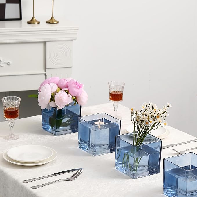 Square Blue Glass Vases Set of 6, 5" x 5" x 5" Flower Vases for Centerpieces, Square Vase for Centerpieces, Small Vase for Wedding, Party, Home Office Decoration