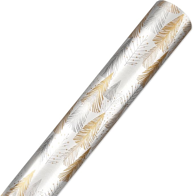 American Greetings Foil Christmas Wrapping Paper Roll, Metallic Vintage Gold and White Holiday Gift Wrap (30 sq. ft., 1 Reversible Roll-30 in. x 12 ft.) Plaid and Trees
